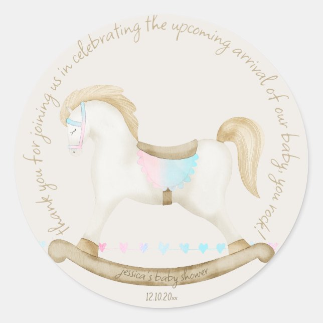 Rocking Horse Blue Pink Gender Neutral Baby Shower Classic Round Sticker (Front)