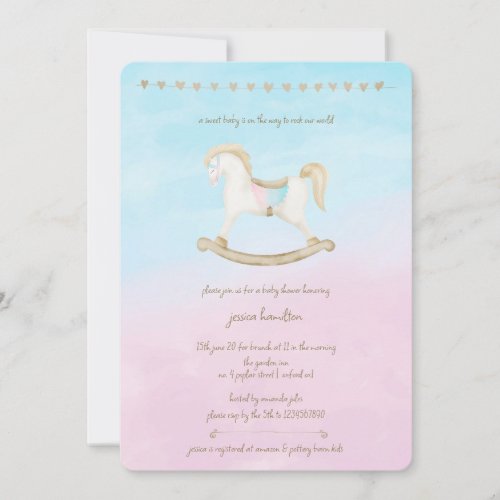 Rocking Horse Blue Pink Gender Neutral Baby Shower Invitation