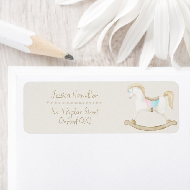 Rocking Horse Blue Pink Gender Neutral Baby Shower Label (Insitu)