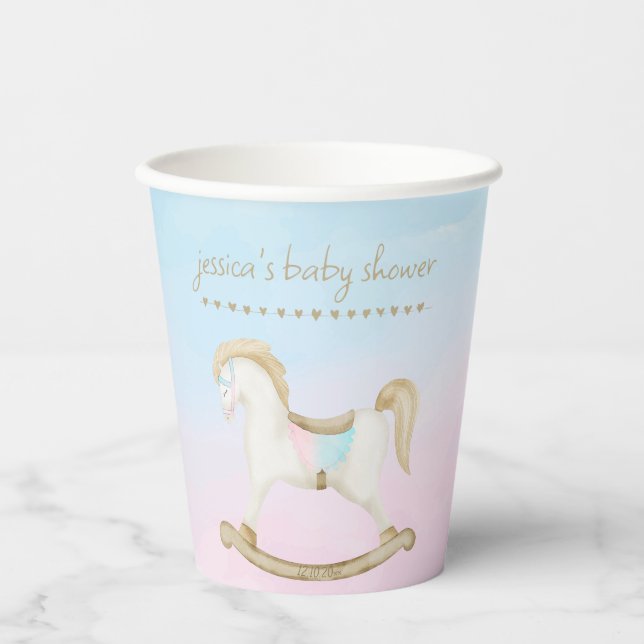 Rocking Horse Blue Pink Gender Neutral Baby Shower Paper Cups (Front)