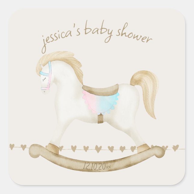 Rocking Horse Blue Pink Gender Neutral Baby Shower Square Sticker (Front)