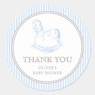 Rocking Horse Blue Toile De Jouy Baby Shower Classic Round Sticker
