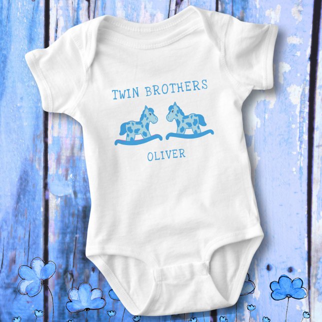 Rocking Horse Blue Twin Brothers Boy Name Baby Bodysuit (Creator Uploaded)