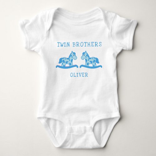 Rocking Horse Blue Twin Brothers Boy Name Baby Bodysuit - Rocking Horse Blue Twin Brothers Boy Name Baby Bodysuit. Two cute blue rocking horses toys for twin brothers baby boy. Personalize with your name. Great design for twins for a baby shower or a gift for a newborn twin baby boy.