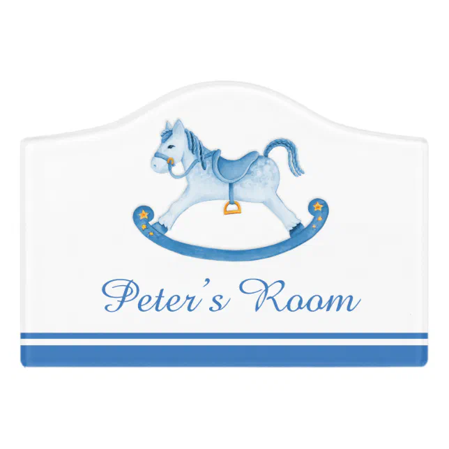 Rocking horse blue watercolor art custom nursery door sign Zazzle