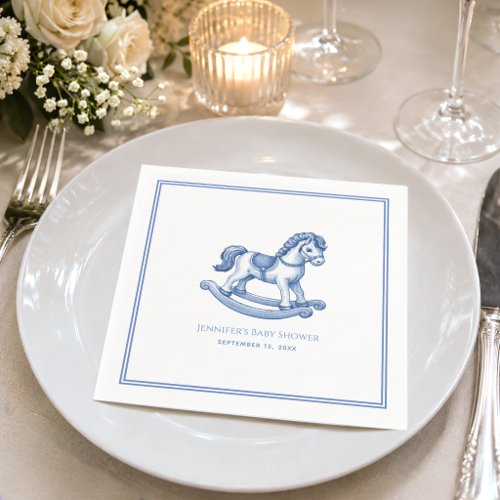 Rocking Horse Blue & White Elegant Baby Boy Shower Napkins