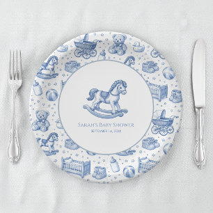 Rocking Horse Blue & White Vintage Boy Baby Shower Paper Plates