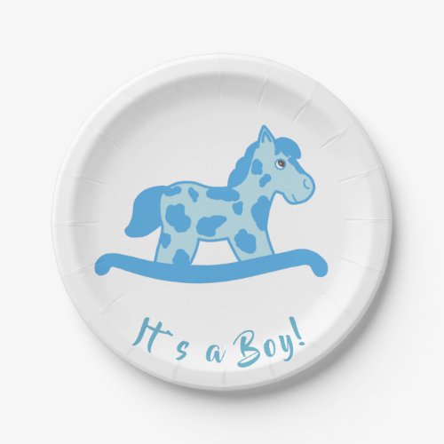 Rocking Horse Boy Baby Shower It`s a Boy Paper Plates - Rocking horse baby shower paper plates with cute blue rocking horse with dark blue spots. Paper plates with a gender reveal text It`s a Boy. You can easily costumize these rocking horse baby shower paper plates for your event by adding your text.
You can change the background color by costumizing the paper plates.