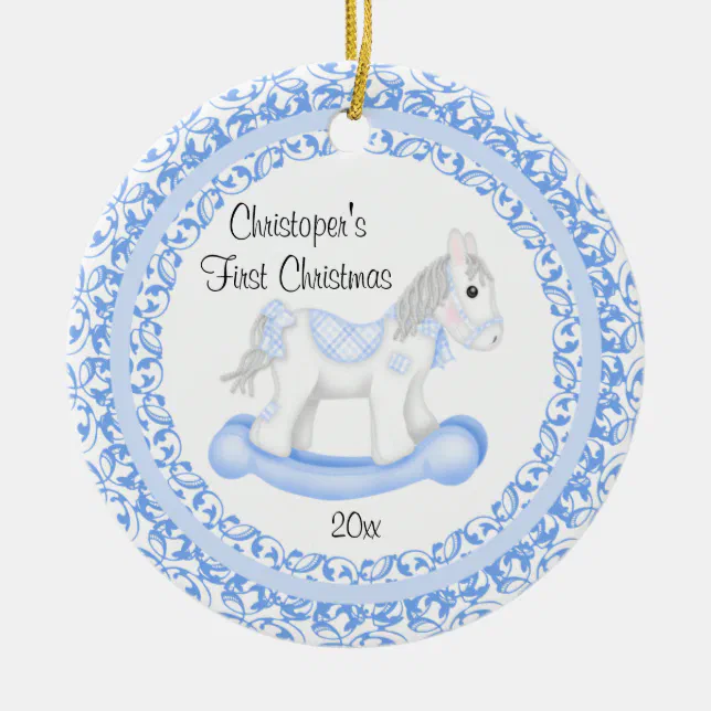 Rocking Horse Boy Baby's First Christmas Ornament | Zazzle