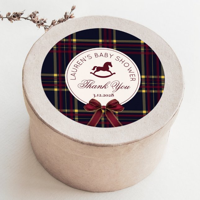 Rocking Horse Christmas Bow Baby Shower Thank you Classic Round Sticker (Creator Uploaded)