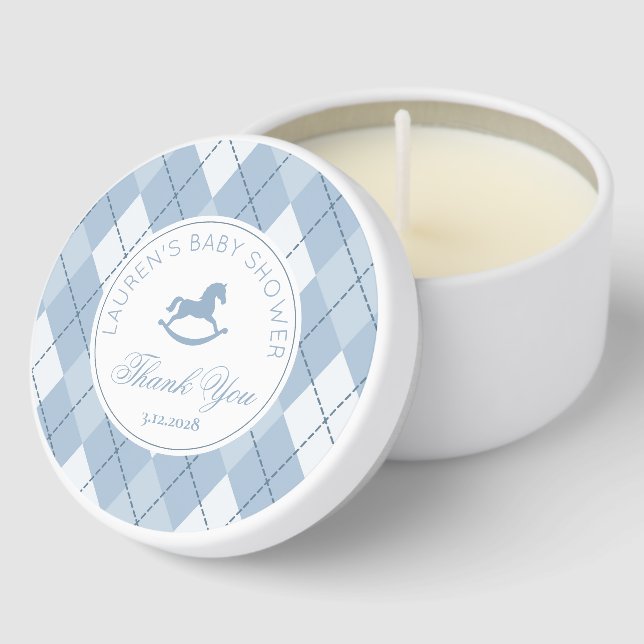 Rocking Horse Classic  Argyle Blue Baby Shower Mini Candle Favors (Corner)