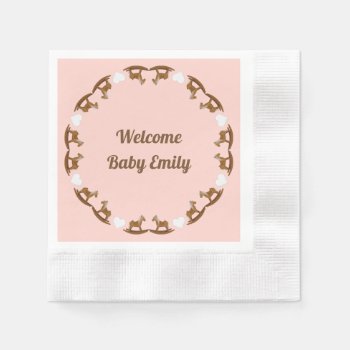 Rocking Horse Coral Pink Girls Baby Shower Napkins by PartyPrep at Zazzle