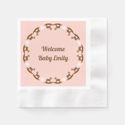 Rocking Horse Coral Pink Girls Baby Shower Napkins