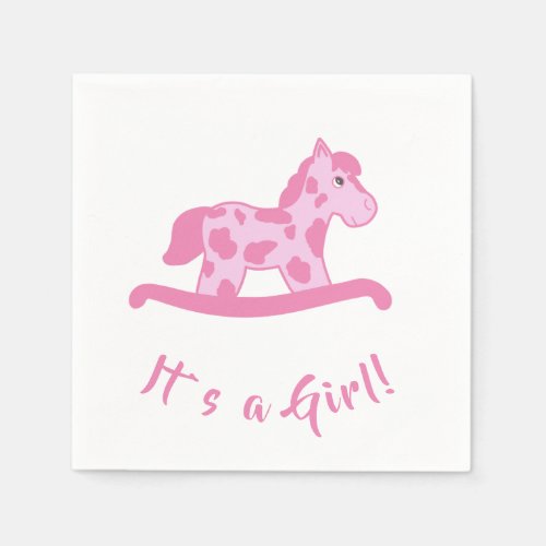 Rocking Horse Girl Baby Shower It`s a Girl Napkins - Rocking horse baby shower paper napkins with cute pink rocking horse with pink spots. Paper napkins with a gender reveal text It`s a Girl. You can easily costumize these rocking horse baby shower paper napkins for your event by adding your text.
You can change the background color by costumizing the paper napkins.