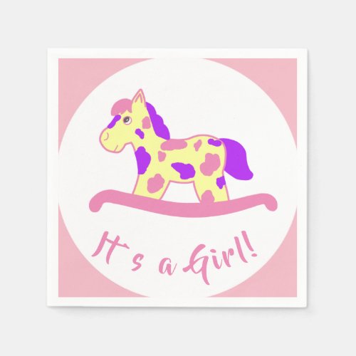 Rocking Horse Girl Baby Shower It`s a Girl Napkins - Rocking horse baby shower paper napkins with a cute yellow rocking horse with pink and purple spots. Paper napkins with a gender reveal text It`s a Girl. You can easily costumize these rocking horse baby shower paper napkins for your event by adding your text.
You can change the pink background color by costumizing the paper napkins.