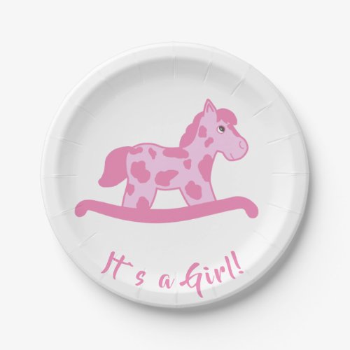 Rocking Horse Girl Baby Shower It`s a girl Paper Plates - Rocking horse baby shower paper plates with cute pink rocking horse with pink spots. It`s a Boy text. You can easily costumize these rocking horse baby shower paper plates for your event by adding your text.
You can change the background color by costumizing the paper plates.
