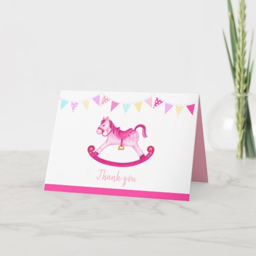 Rocking horse girl pink baby shower thank you card