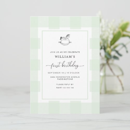 Rocking Horse Green Gingham 1st Birthday Invite