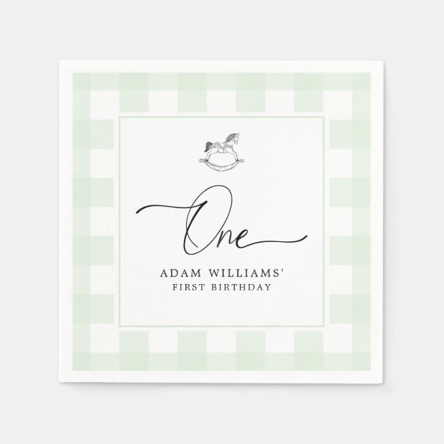 Rocking Horse Green Gingham 1st Birthday Napkins (Front)