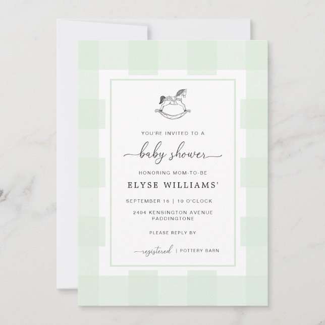Rocking Horse Green Gingham Baby Shower Invitation (Front)