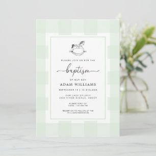 Rocking Horse Green Gingham Baptism Invitation