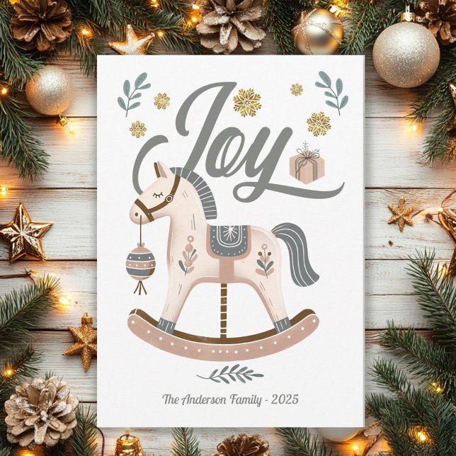 Rocking Horse Joy Vintage Boho Holiday Card (Vintage rocking horse "JOY" Christmas greeting card)