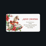 Rocking Horse Merry Christmas  Label<br><div class="desc">A lovely,  classic white rocking horse on red runners along with its red saddle and bridle,  all dressed up for Christmas. This is a vintage watercolor,  trimmed also with poinsettia,  holiday flowers and greenery. "Merry Christmas". Remember to edit the example names and address on this great return address label.</div>