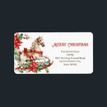 Rocking Horse Merry Christmas  Label<br><div class="desc">A lovely,  classic white rocking horse on red runners along with its red saddle and bridle,  all dressed up for Christmas. This is a vintage watercolor,  trimmed also with poinsettia,  holiday flowers and greenery. "Merry Christmas". Remember to edit the example names and address on this great return address label.</div>