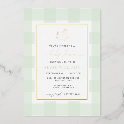 Rocking Horse Mint Gingham Baby Shower Foil Invite