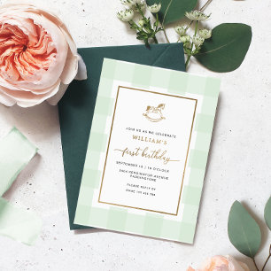 Rocking Horse Mint Gingham Birthday Foil Invite