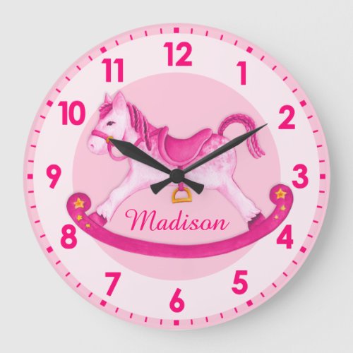 Rocking horse nursery named girls pink clock