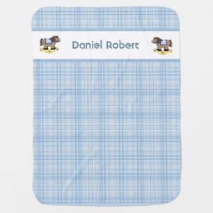 Rocking Horse on Blue Plaid Personalized Baby Blanket
