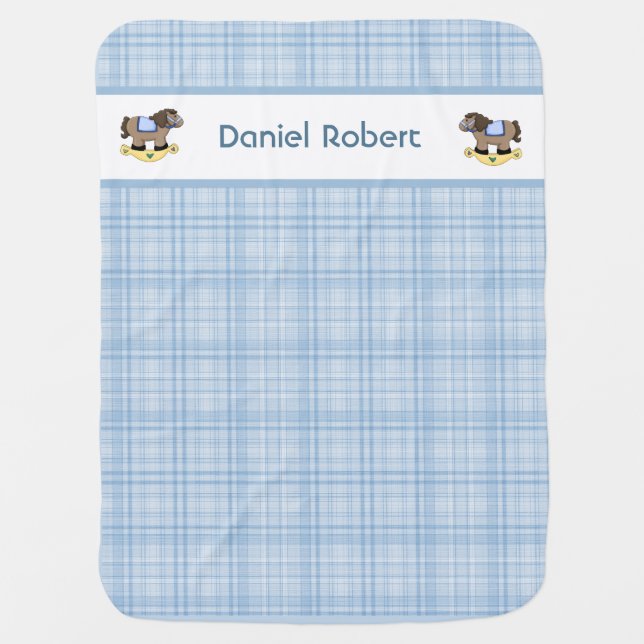 Rocking Horse on Blue Plaid Personalized Baby Blanket (Front)