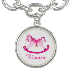 Rocking horse painting pink white name charm bracelet