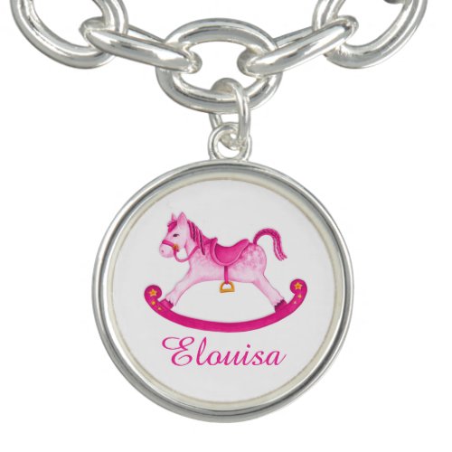 Rocking horse painting pink white name charm charm bracelet