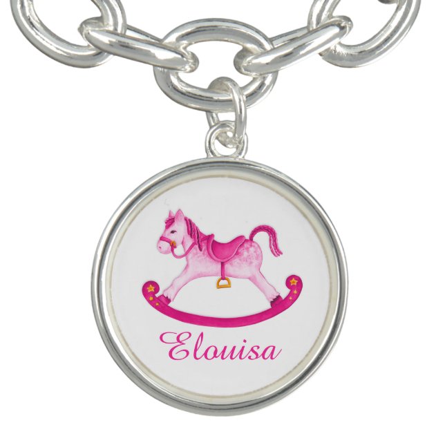 Rocking horse painting pink white name charm charm bracelet (Design)