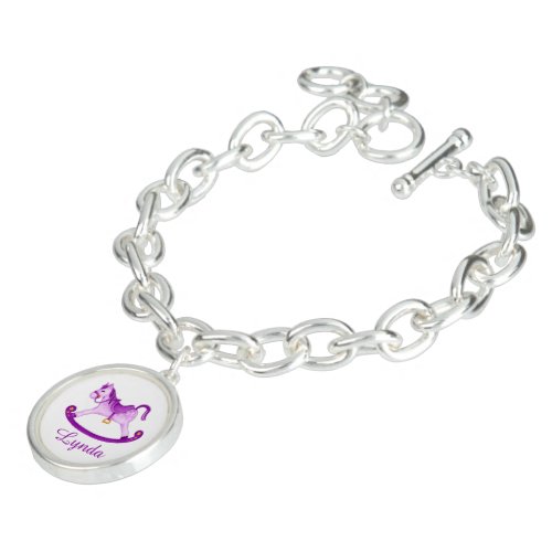 Rocking horse painting purple white name charm bracelet