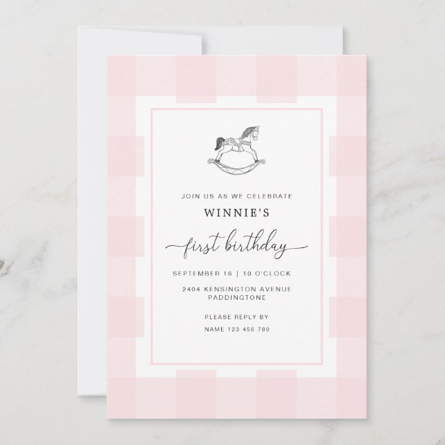 Rocking Horse Pink Gingham 1st Birthday Invitation (Front)