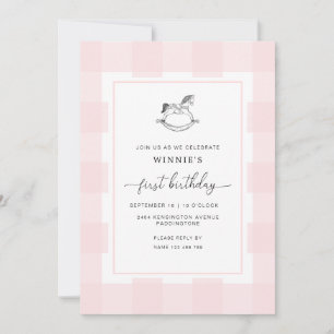 Rocking Horse Pink Gingham 1st Birthday Invitation