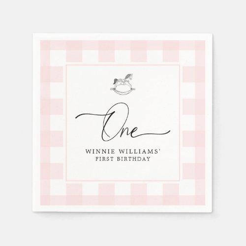 Rocking Horse Pink Gingham 1st Birthday Napkins