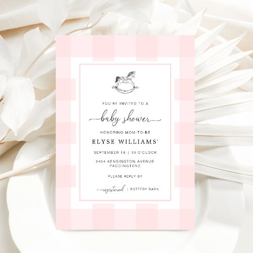 Rocking Horse Pink Gingham Baby Shower Invitation