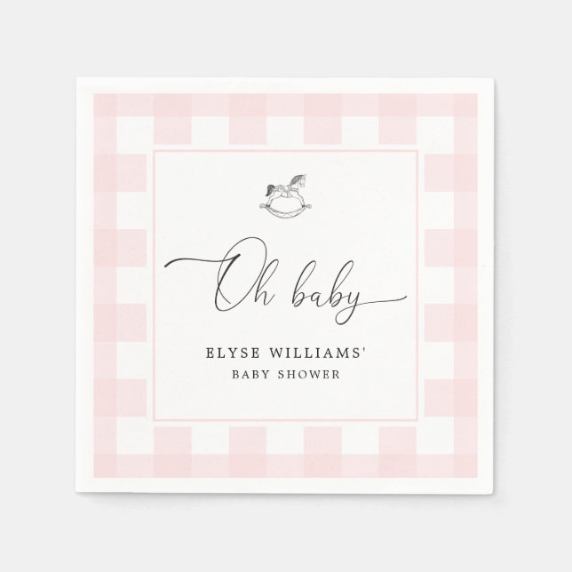 Rocking Horse Pink Gingham Oh Baby Paper Napkin (Front)