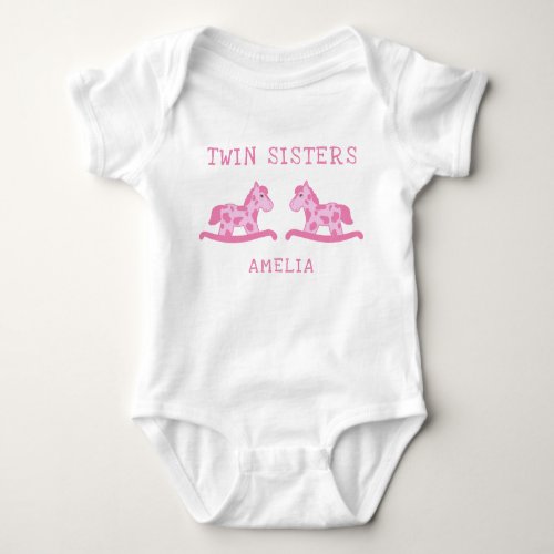 Rocking Horse Pink Twin Sisters Girl Name Baby Bodysuit - Rocking Horse Pink Twin Sisters Girl Name Baby Bodysuit. Two cute pink rocking horses toys for twin sisters baby girl. Personalize with your name. Great design for twins for a baby shower or a gift for a newborn twin baby girl.