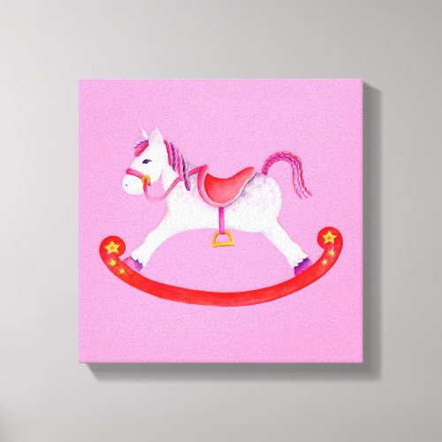 Rocking horse pink watercolor nursery art canvas print