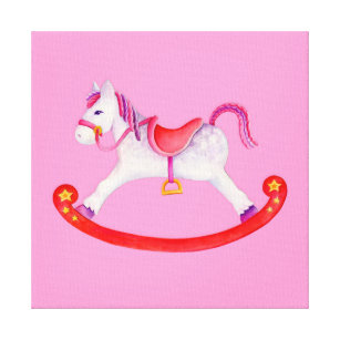 Rocking horse pink watercolor nursery art canvas print
