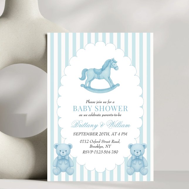 Rocking Horse Preppy Bear Blue Baby Shower  Invitation (Creator Uploaded)