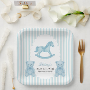 Rocking Horse Preppy Bear Blue Baby Shower  Paper Plates
