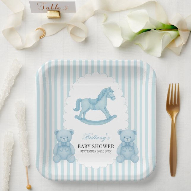 Rocking Horse Preppy Bear Blue Baby Shower  Paper Plates (Wedding)