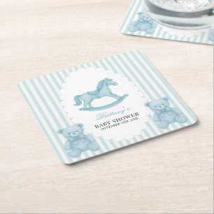 Rocking Horse Preppy Bear Blue Baby Shower Square Paper Coaster
