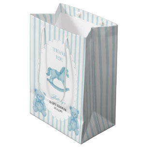 Rocking Horse Preppy Teddy Bear Blue Baby Shower Medium Gift Bag